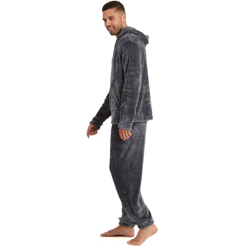 Mens Soft Fleece Hooded Pyjama Loungewear Set - Charcoal - L3