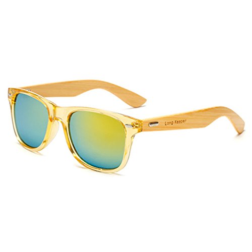 Long Keeper Bamboo Wood Arms Sunglasses for Women Men (Transparent Yellow, Gold)