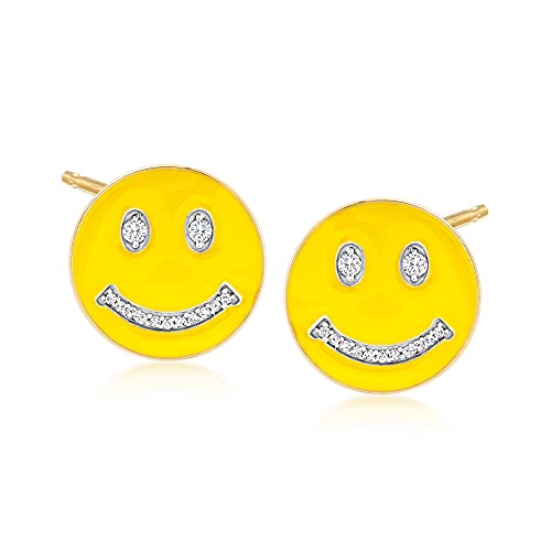 Ross-Simons 0.10 ct. t.w. Diamond and Yellow Enamel Smiley Face Earrings in 18kt Gold Over Sterling