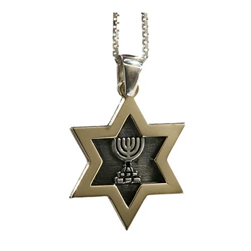Jewish Jewelry Pendant, Sterling Silver and 9k Gold, Menorah Star of David Pendant Necklace Oxidized, Elegantly Gift Packaged