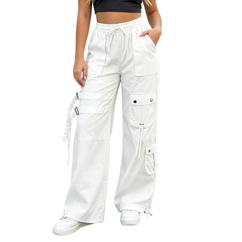 Rrongwn Pantalones cargo para mujer, holgados, pantalones de pierna ancha, Y2K, hip hop, ropa de calle, elásticos, cintura alta, pantalones de pierna recta, pantalones con goma elástica, pantalones de