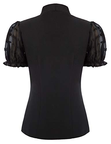 Women's Vintage Bow Tie Neck Bishop Sleeve Black Chiffon Blouse Top,Black,L #TOP1