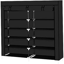 7 Tier Shoe Rack Storage Organizer, 36 Pairs Portable Double Row Shoe Rack Closet Shelf Cabinet Tower for Closet with Nonwoven Fabric Cover Black