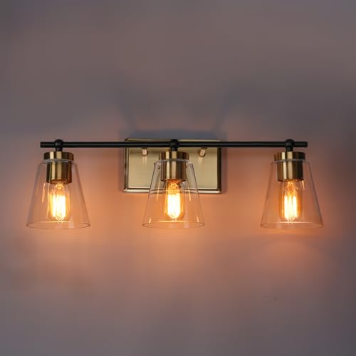 Image of KSANA Bathroom Light Fixtures, 3-Light 22'' Matte Black and Imitation Electroplated Copper Vanity Lights with Clear Glass Shade, Modern Farmhouse Black and Gold Brass Bathroom Lighting Over Mirror