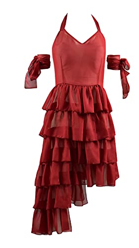 Womens Harley Cosplay Quinn Red Dress Costume Super Villain Collection Pleated Skirt Halloween Outfit (Small, Red)
