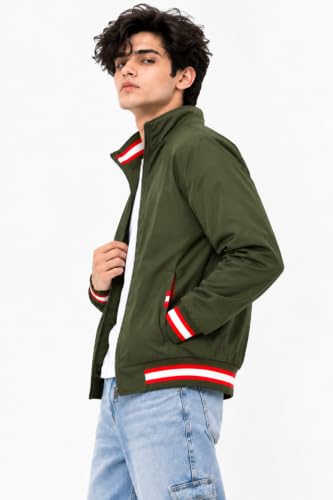 Image of Ben Martin Men's Jacket || Lightweight Casual Jacket with Standing Collar || Full Sleeve Zip-Up Windcheater Jacket with Striped Ribbed Cuffs & Hem