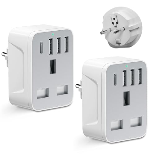 European to uk plug adapter,travel adapter UK to European Plug with 1*USB C & 3*USB A Ports,European Travel Adapter for Germany Spain France Turkey Greece Iceland(Type E/F) (2 pack)