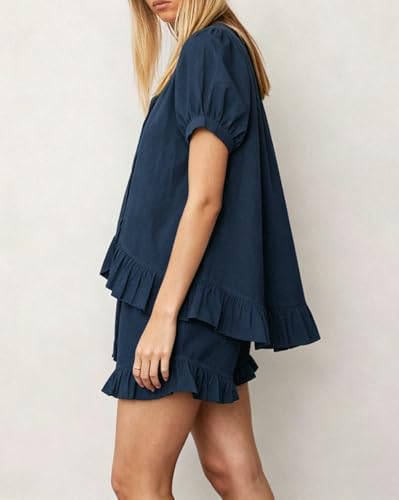 Image of Womens Fashion Summer Short Sets Short Sleeve Button Down Ruffle Trim Top and Shorts Cotton Pajama Sets