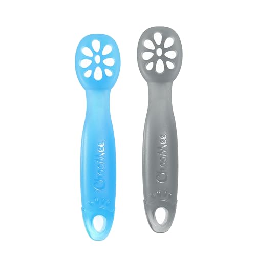 Image of ChooMee FlexiDip Silicone Baby Learning Utensil | 4 Months + Baby Led Weaning | Flat Head Spoon with Firm Handle | Designed in USA, BPA Free, Premium Grade Platinum Silicone | 2 CT Blue Gray
