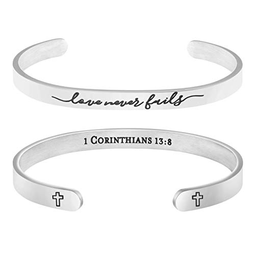 Christian Gifts for Women Her Wife Daughter Mom Wedding Anniversary Jewelry Scripture Bracelet "Love never fails! 1 Corinthians 13:8"