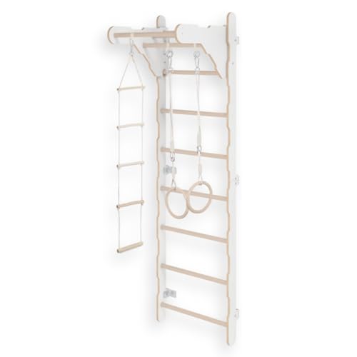 Gymnastik-Sprossenwand für Kinder (210 cm) | Wandmontierte Trainingsleiter | Strickleiter für Kinder | Holz-Spielplatz für Zuhause | Turnringe | 100% Öko | Hergestellt in der EU