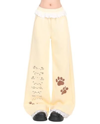 Women's Y2k Harajuku Kawaii Cat Paw Print Lace Trim Sweatpants Coquette Preppy Cute Loose Fit Casual Wide Leg Pants