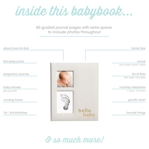 Image of Pearhead Gray Linen Hello Baby Memory Book, Includes Clean-Touch Ink Pad | 60 Guided Pages, Handprint & Footprint Kit, Gender-Neutral Baby Book, Baby Milestone Journal