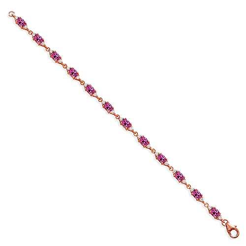 Gem Stone King 18K Rose Gold Plated Silver Pink Created Sapphire and White Moissanite Tennis Bracelet For Women (6.91 Cttw, Gemstone Birthstone, Oval 6X4MM, 7 Inch)3