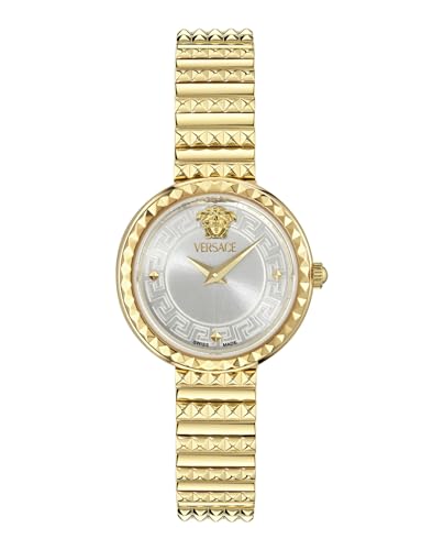 Versace Greca Goddess Petite Collection Luxury Womens Watch Timepieces with a Gold Bracelet and Case Featuring a Silver Dial