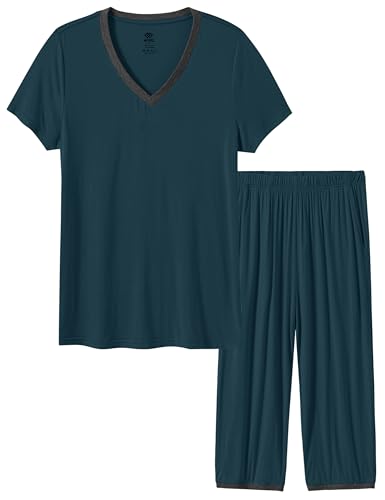 Image of JINSHI Women's Pajamas Set Short Sleeve Top and Capri Pants Lightweight Sleepwear Comfy Pjs Lounge Set with Pockets