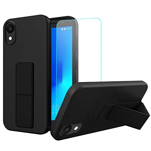 Sitikai Case for Alcatel 1 2021 (5.00 Inch) Phone Case, Stand Case with Tempered Glass Screen Protector Hide Telescopic Folding Kickstand Shockproof Protective Cover Case for Alcatel 1 2021 - Black