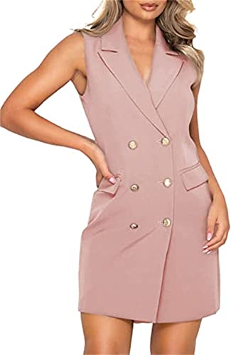 Women Blazer Dresses Elegant V-Neck Sleeveless Casual Work Office Double Breasted Blazer