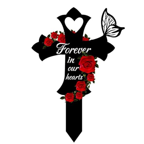 EMINGSKY Metal Butterfly Memorial Garden Stake - Cemetery Decorations for Grave, Forever in Our Heart Cross Stake for Mom Dad Son, Outdoor Grave Site Decorations for Cemetery, Yard, Garden