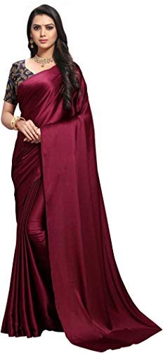 DREAMANGEL FASHION Womens Satin Silk Fancy Solid Saree (Large, Maroon)