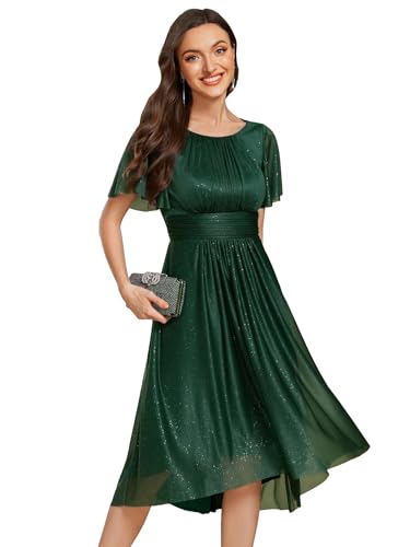 Image of Ever-Pretty Women Dress Midi Wedding Guest Dress with Short Ruffles Sleeve and Pleated Design Diamond Fine Flash Bridesmaid Dress Dark Green 12UK