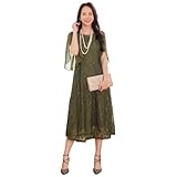 [DEEPEYES] パーティードレス レース ミモレ丈 フォーマル ワンピース 半袖 お呼ばれドレス 結婚式 二次会 お呼ばれ ドレス 大きいサイズ (S,オリーブ)