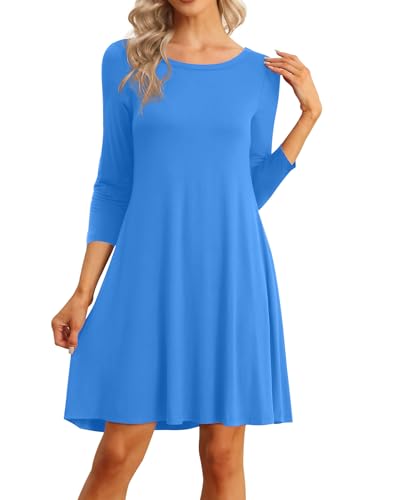 Image of VIISHOW Womens Round Neck 3 /4 Sleeves A-line Casual Tshirt Dress with Pocket