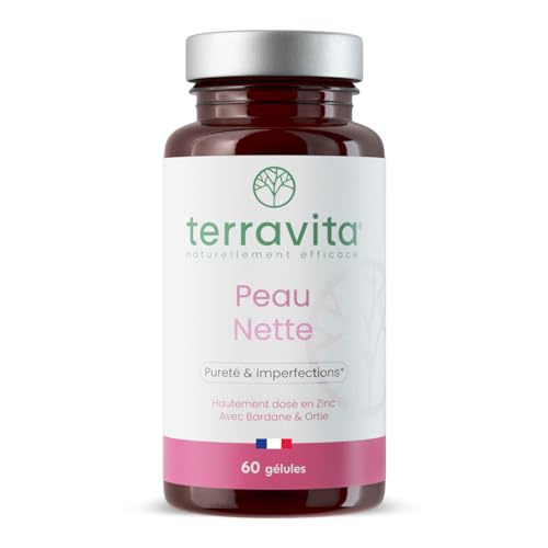 PEAU NETTE | Action Détox Anti Acné & Points Noirs | Zinc Bisglycinate 15mg + Bardane + Biotine + Propolis | Régule la Production de Sébum | Anti-imperfections | 60 Gélules Made in France | Terravita