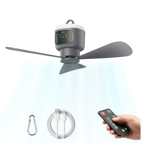 18 inch Portable Ceiling Fan with Light & Remote 12000mAh Battery Powered Rechargeable Tent Fan Outdoor Ceiling Camping Fans Light with Hanging Hook for Canopy Gazebo Patio RV Travel Fishing
