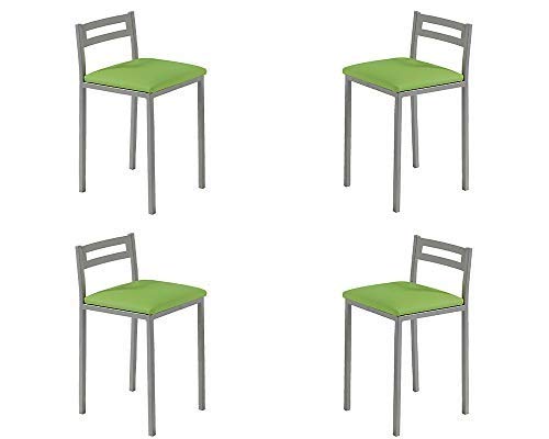 MOMMA HOME High Kitchen Stools – Pack of 4 Kitchen Stools, Kitchen Benches, High Kitchen Chairs, Bar Stool, Metal/Ecoleather, Colour Silver/Green, Model MOLI, Measures 34 x 34 x 65 cm