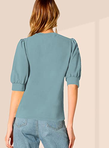 Image of Dream Beauty Fashion Women's Puff Sleeve Round High Neck Top Balloon Bishop Sleeve Elegant Casual Tee (23 inch Inches)- (Top Sofia P)