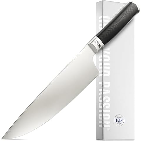 LEGEND COOKWARE Premium 8” German Steel Chef Knife - Professional Kitchen Knives - Sharp, Full Tang Stainless Steel w/Black G10 Handle - All Purpose Cooking Chef’s Knife - Gift Packaging w/Sheath Cover