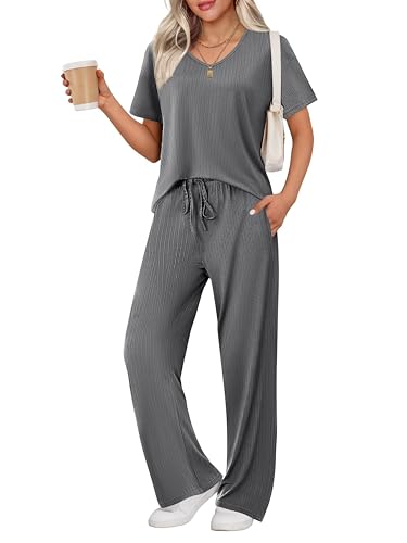 Image of Ekouaer Womens Ribbed Knit Lounge Set Short Sleeve Top and Long Pants Sleepwear Pajama Set Two Piece Matching Outfits Set