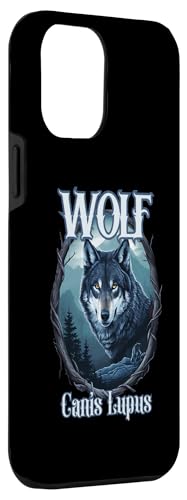 Hülle für iPhone 15 Pro Max Wolf Canis Lupus mit Holzrahmen und Bergblick Design