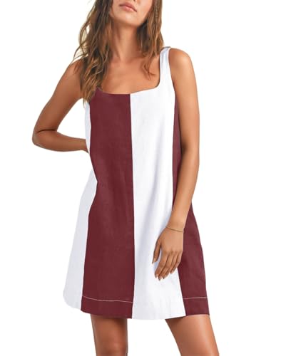 Image of CHARTOU Women Summer Sleeveless Linen Dress Color Block Short Beach Vacation Tank Dress
