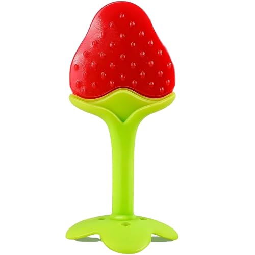 Image of Baby Tree and Fruits Shape Teether Teething | Natural Organic Freezer Safe for Newborn Infant, Babies | Silicone BPA Free | Gum Pain Relief 3D Soother Set (Pack of 1, Strawberry)