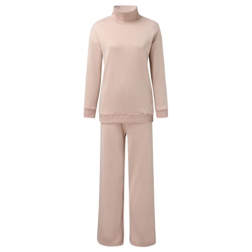 Womens Long Sleeve Turtleneck Top High Waist Wide Leg Pants Set 2 Piece Sweatshirt Bib Pants For Women Beige #TOP4