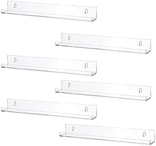 POHOVE 6pcs Acrylic Floating Shelves, Acrylic Floating Bookshelf Clear Wall Ledge Shelf, Wall Mounted Shelves for Books, Pictures, Invisible Kids Bookshelf and Small Toy Storage