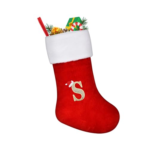 VReder Large Christmas Stockings, Xmas Personalized Embroidered Stockings with Letters, Red Fireplace Hanging Santa Socks for Christmas Decor Xmas Gift (S)