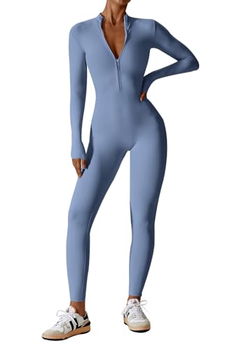 Ecupper Combinaison pour femme Combinaison athlétique une pièce Fermeture éclair Manches longues Jumpsuit Romper bleu XS