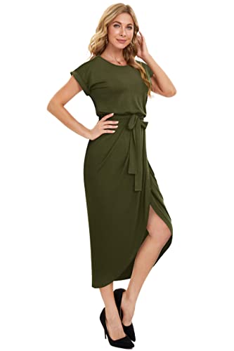 Wimsihal Women's Summer Dress Casual Short Sleeve Dress Slit Party Long Maxi Dresses Army Green L #TOP4