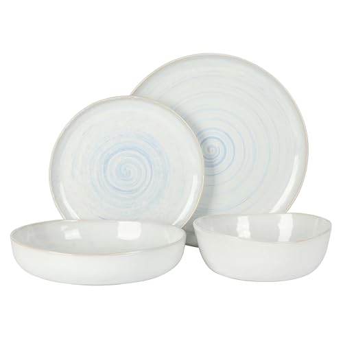 Image of Gibson Elite Auckland Blue Swirl Stoneware Reactive Glaze 16 Piece (Service for 4) Plates and Bowls Dinnerware Set
