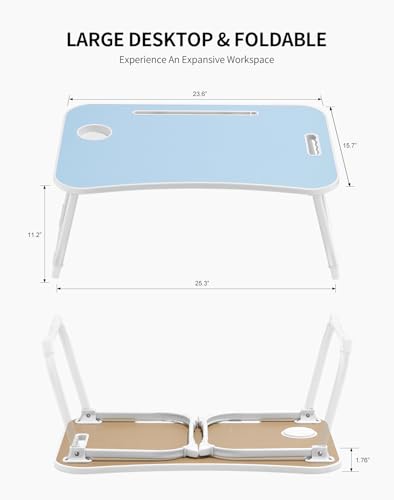 Image of ZEAPTAC Laptop Bed Desk, Foldable Lap Desk, Portable Lap Table, Laptop Stand with Cup Holder, Tablet Slot & Lifting Handle for Work, Write, Draw & Eat on Bed, Sofa or Couch - Blue
