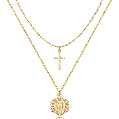 Keloris Path Gold Layered Initial Cross Necklace, 14K Gold Plated Layering Hexagon Letter Pendant Satellite Chain Cross Choker From A-Z Capital Jewelry For Women Girls(Letter M) #TOP5