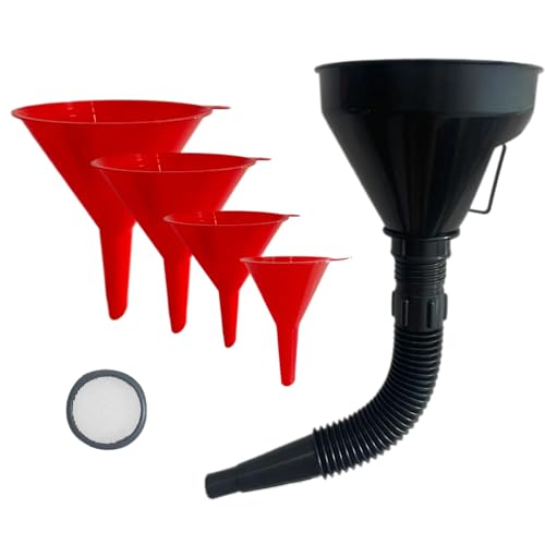 5 Pcs Plastic Oil Funnels for Automotive Use Set Large Flexible Fuel Funnel Wide Mouth Fuel Funnels with Detachable Spout and Filter for Water Gasoline Coolant Engine Oil Transfer