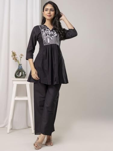 Image of Women's Rayon Kurti Set with Palazzo Pants | Embroidered V-Neck A-Line Short Kurti with 3 /4 Sleeves | Casual Ethnic Co-Ord Set for Daily Wear, Office & Festive