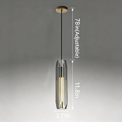 Image of 11.8 inch Modern Pendant Light Fixture with Smoke Gray Crystal Lampshade, Adjustable Hanging Ceiling Pendant Lighting for Kitchen Island Dining Room Bar Counter