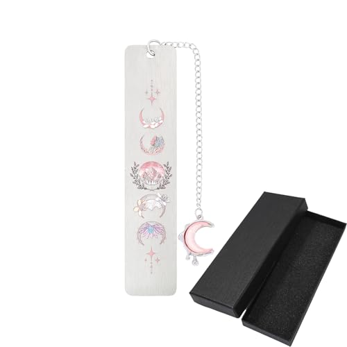 Acotar Moon Themed Metal Bookmark with Moon Pendant Stainless Steel Bookmarks with Star & Floral Patterns Decorative Bookmarks for Reading Lovers, Students, Bookworms (Pink Acotar)