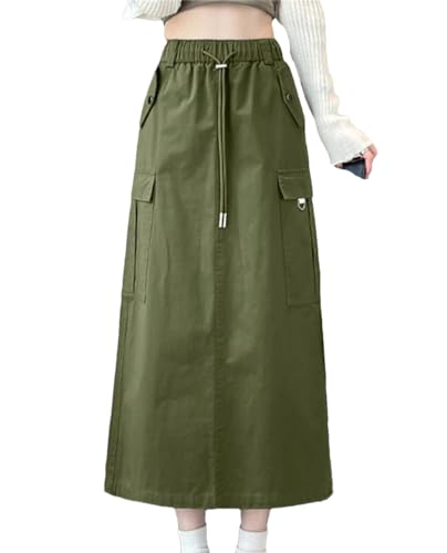 Elegant High Waist Skirts Women Vintage Solid Cargo Work Holiday Long Skirt