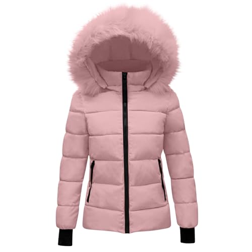 KODMNSW Winterjacke Mädchen Steppjacke Warme Daunenjacken mit Fellkapuze (Abnehmbar) Winterparka Flauschig Puffer Jacke Leichte Kinderjacke Outdoor Mantel Wintermantel Kinder Parka Rosa 140
